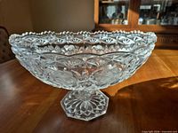 Side view of cut crystal footed compote bowl on table