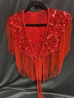 Full view of red beaded sequin collar with fringe displayed on hanger