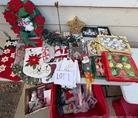 Overview of all Christmas items on table and in red tote