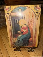 Full view of the wood plaque showing entire image and stand