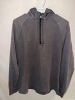 Front view of gray quarter-zip Banana Republic hoodie on hanger