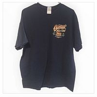 Front view of black T-shirt hanging, showing small chest graphic