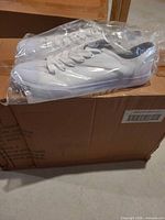 Two white sneakers in plastic on top of case