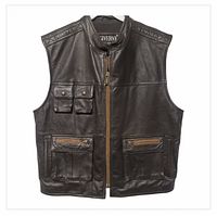Front view of Giverny black leather vest showing pockets and zipper