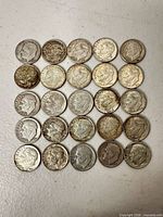 Full lot of 25 Roosevelt dimes arranged 5×5 grid