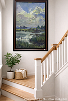 Painting hanging in stairwell, shows full framed artwork
