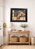 Painting displayed on wall above console