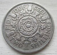 Reverse of 1955 UK two-shilling coin showing Tudor rose and denomination