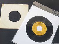 Record in clear sleeve beside paper sleeve showing Side A label