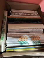 Overview of box showing stack of assorted books and Harvard Business Review magazines