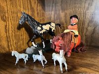 Group view of piebald horse on base, pony with rider and three foals