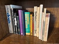 Books on shelf showing spines for title verification and condition