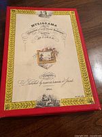 Lid of red box showing printed Myriorama label with publisher and 1824 date