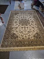 Full view of rug showing overall pattern and fringe condition