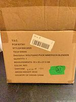 Full view of shipping carton label showing Wolfgang Puck immersion blender details
