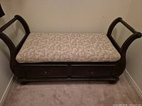 Full view of bench showing upholstered seat, wood frame, two drawers