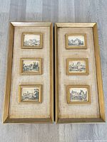 Two tall matching frames each containing three small prints