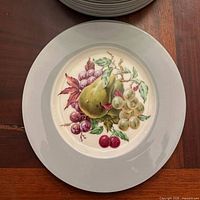 Single plate close-up showing fruit and flower motif and gray rim