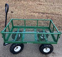 Full view of Gorilla green steel mesh cart, handle up, four tires visible
