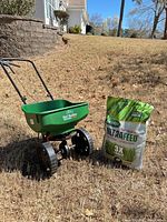 Spreader and fertilizer bag on lawn