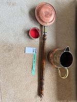 Closed copper bed warmer, copper pitcher, small silver-plated bowl