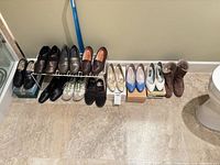 All 12 pairs of shoes lined up with blue long shoehorn visible