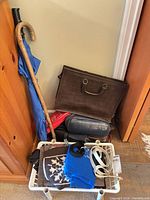 Group view of all accessories on rack: briefcase, cane, umbrella, scarves, belts, pouches