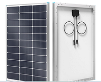 Front and rear views of Renogy RNG-100D-SS-2 solar panel with attached MC4 leads