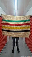 Full view of blanket held up showing size and multicolour stripes