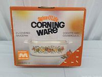 Front of original CorningWare Spice of Life box showing product image and 2 L capacity
