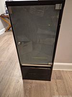 Front view of tall black cabinet with clear glass door and lower compartment closed