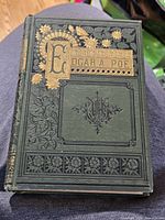 Front cover showing embossed green cloth and gilt designs