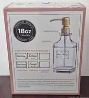 Rear panel of Gladpure soap dispenser box showing features and capacity