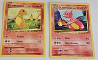 Front view of Charmander and Charmeleon cards showing artwork, HP and attacks