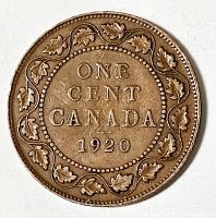 Reverse side showing “ONE CENT CANADA 1920” and maple-leaf wreath