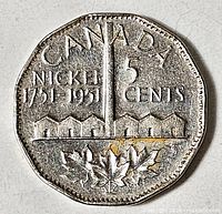 Reverse of 1951 Canada 5-cent coin