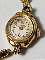 Close view of watch dial showing Rodaina branding and 17 jewels text