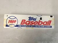 Top view of closed 1989 Topps Baseball trading card box showing branded label with year and set info.