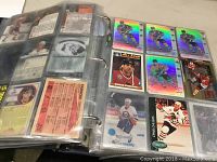 Photo showing front and back of hockey cards in binder, including holographic rainbow foil cards and standard player cards.