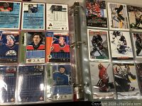Photo showing multiple hockey goalie cards in plastic sleeves on the left and right side of the binder pages.
