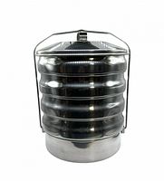 Full view of stacked 5-tier aluminum lunch carrier with wire handle