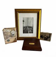 Front view showing all four items: frame, wood box, map box, slide box