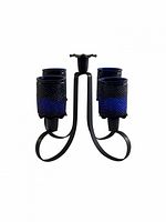 Front view showing black metal frame, four cobalt blue glass cups, central taper holder