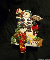 Front view showing snowman scene, gifts and hook