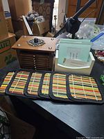 Bamboo coasters, wood cork coaster case, white wood holder visible