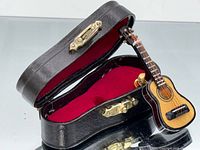Miniature acoustic guitar lapel pin inside open black case with red lining
