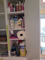 Cabinet showing full assortment of cleaning and adhesive items across three shelves