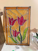 Full view of stained glass tulip panel showing overall design and dimensions label