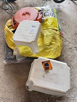 Overview of stools, extension reel and folded bag