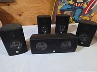 Five speakers arranged; shows entire set